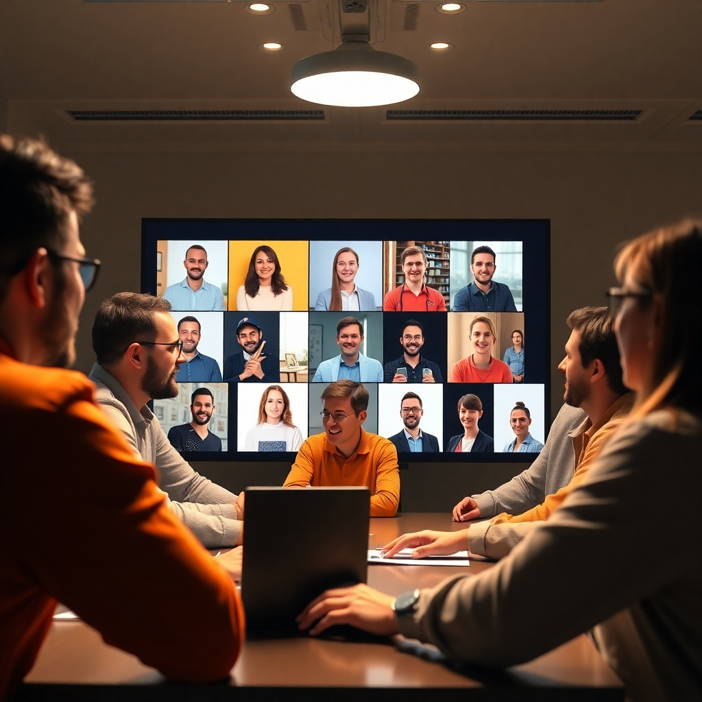 A group of people connecting online through a virtual forum. The scene is brightly lit with a focus on communication and collaboration. Technical specifications: 8K resolution, photorealistic.