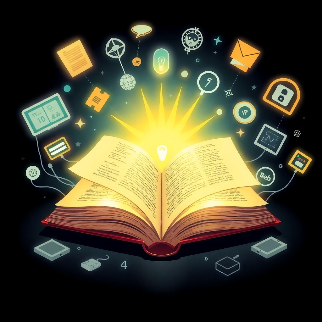 An open book with glowing pages, representing a wealth of knowledge. The book is surrounded by symbols of technology and innovation. Technical specifications: High resolution, stylized illustration.